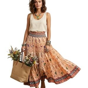 RAGA Tiered Maxi Skirt Paisley Print Smocked Peach Orange Boho Medium